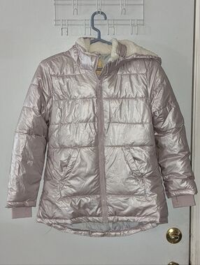 NWT Shiny Light Pink Quilted Hooded Puffer Jacket